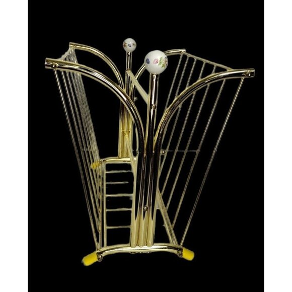 VTG MCM Gold Brass Tone Magazine Holder Porcelain Floral Ball Hollywood Regency - Picture 7 of 11